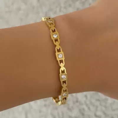Gold Plated Stainless Steel Anti-Tarnish Studded Rhinestone Bangle