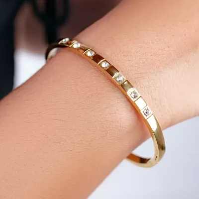 Gold Plated Stainless Steel Anti-Tarnish Cubic Zirconia Cuff Bangle