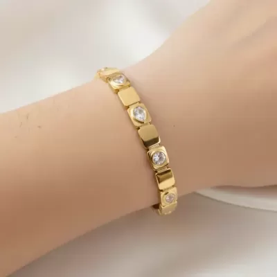 Gold Plated Stainless Steel Anti-Tarnish Geometric Statement Zircon Rhinestone Bangle