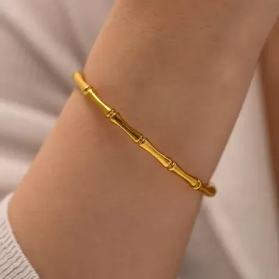 Gold Plated Stainless Steel Anti-Tarnish Bamboo Oval Openable Bracelet