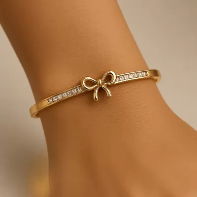 Gold Plated Stainless Steel Anti-Tarnish Bow Diamante Band Bracelet