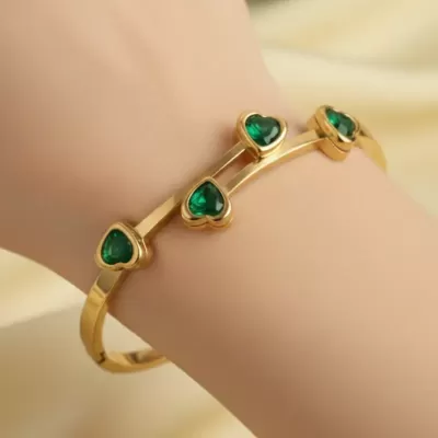 Gold Plated Stainless Steel Anti-Tarnish Heart Shape Green Stone Bangle