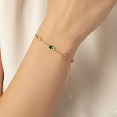 Gold Plated Stainless Steel Anti-Tarnish Multicolor Stone Bracelet