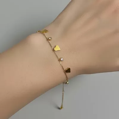 Gold Plated Stainless Steel Anti-Tarnish Heart Charm Ball Bracelet