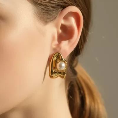 Gold Plated Stainless Steel Anti Tarnish Charm Pearl Earring