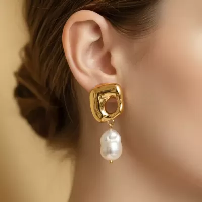 Gold Plated Stainless Steel Anti Tarnish Charm Pearl Earring
