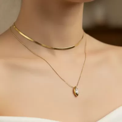 Gold Plated Stainless Steel Anti-Tarnish Zircon Water Drop Charm Necklace