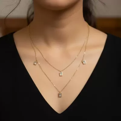 Gold Plated Stainless Steel Anti-Tarnish Cubic Zirconia Studded Layered Necklace