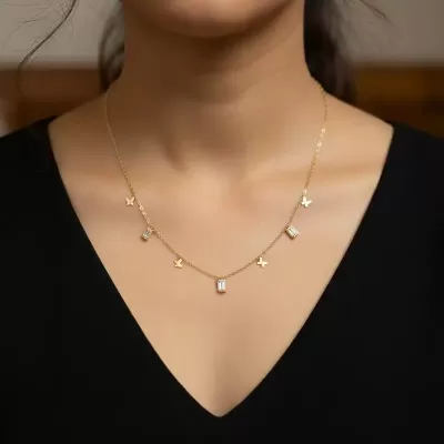 Gold Plated Stainless Steel Anti-Tarnish Butterfly & Stone Necklace