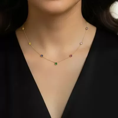 Gold Plated Stainless Steel Anti-Tarnish Multicolor Stone Necklace