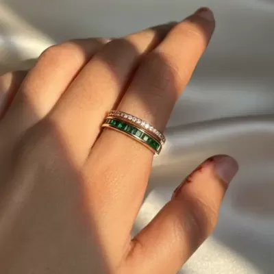 Gold Plated Stainless Steel Anti-Tarnish Adjustable Green & White Stone Ring