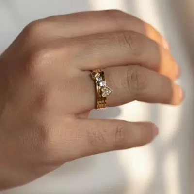 Gold Plated Stainless Steel Anti-Tarnish Heart Clover Stacking Ring
